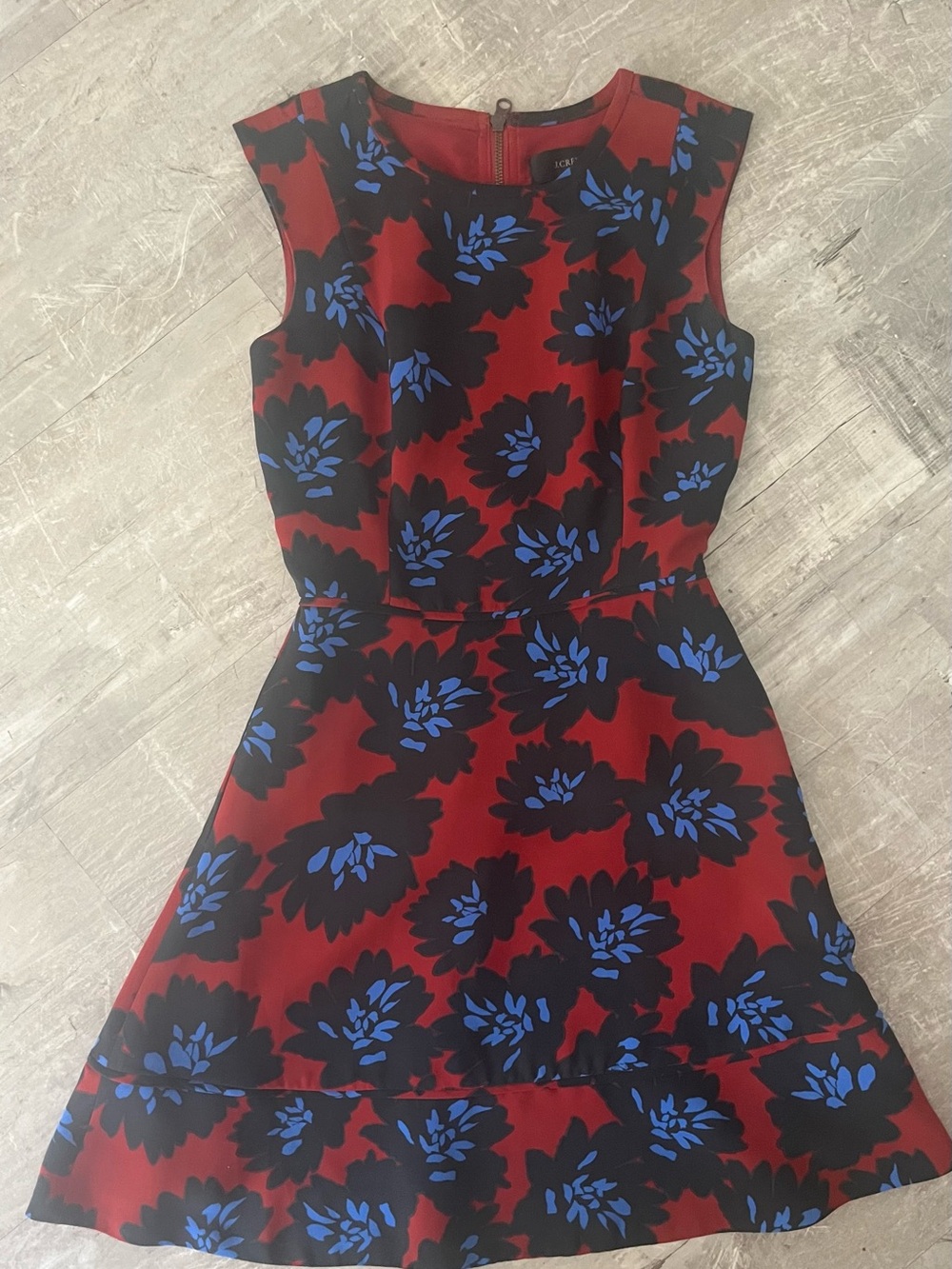 Sleeveless Red Floral A-Line Dress with Blue Accents Sz 00